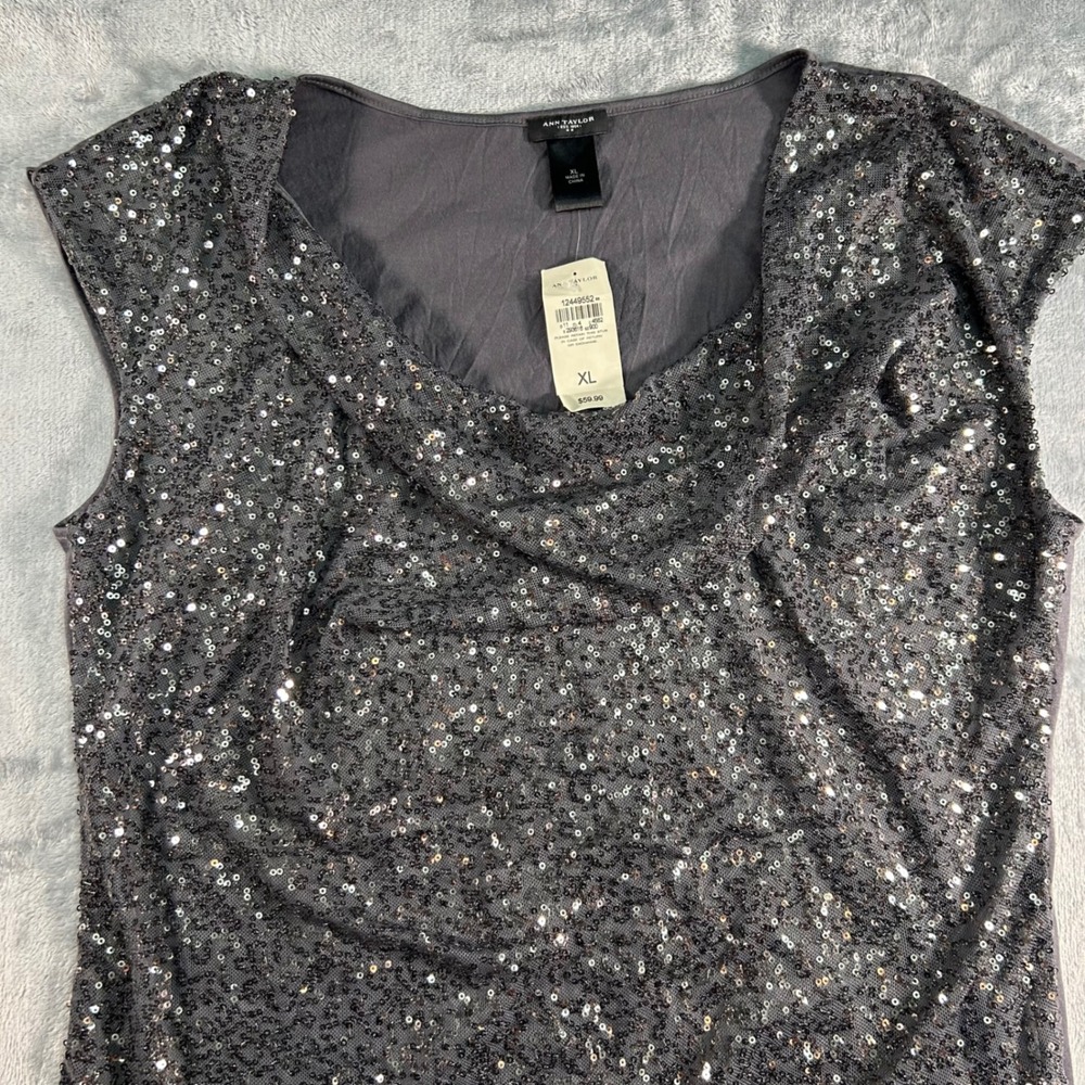 Ann Taylor Women Dark Gray Sequined Cowl Neck Sleeveless Top XL - Picture 3 of 7